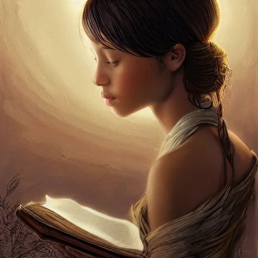 Image similar to village girl reading a book, cinematic, intricate, elegant, highly detailed, digital painting, artstation, concept art, smooth, sharp, focus, illustration, art by artgerm and Johfra Bosschart