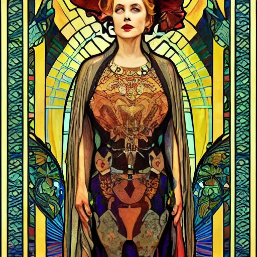 Image similar to a dramatic ethereal epic symmetrical painting of a handsome hilary clinton | tarot card, art deco, art nouveau, steampunk, realistic | by louis comfort tiffany and alphonse mucha | trending on artstation