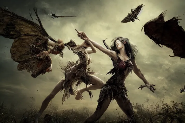 Prompt: The beautiful fairy girl, with tattered wings and torn clothes ,fights off a hoard of undead monsters and zombies, firing a pistol, while standing on a pile of bones, hyper realistic, octane render, cinematic, golden ratio, curved lines, the dark tower, dramatic lighting shadows, detailed illustration, 8k, intricate details, oil painting, 3d scene, render, ultra realistic, zenith view, Greg Rutkowski, artstation, cgsociety, level design, unreal engine, 3d scene, render, ultra realistic, zenith view, Enki Bilal style