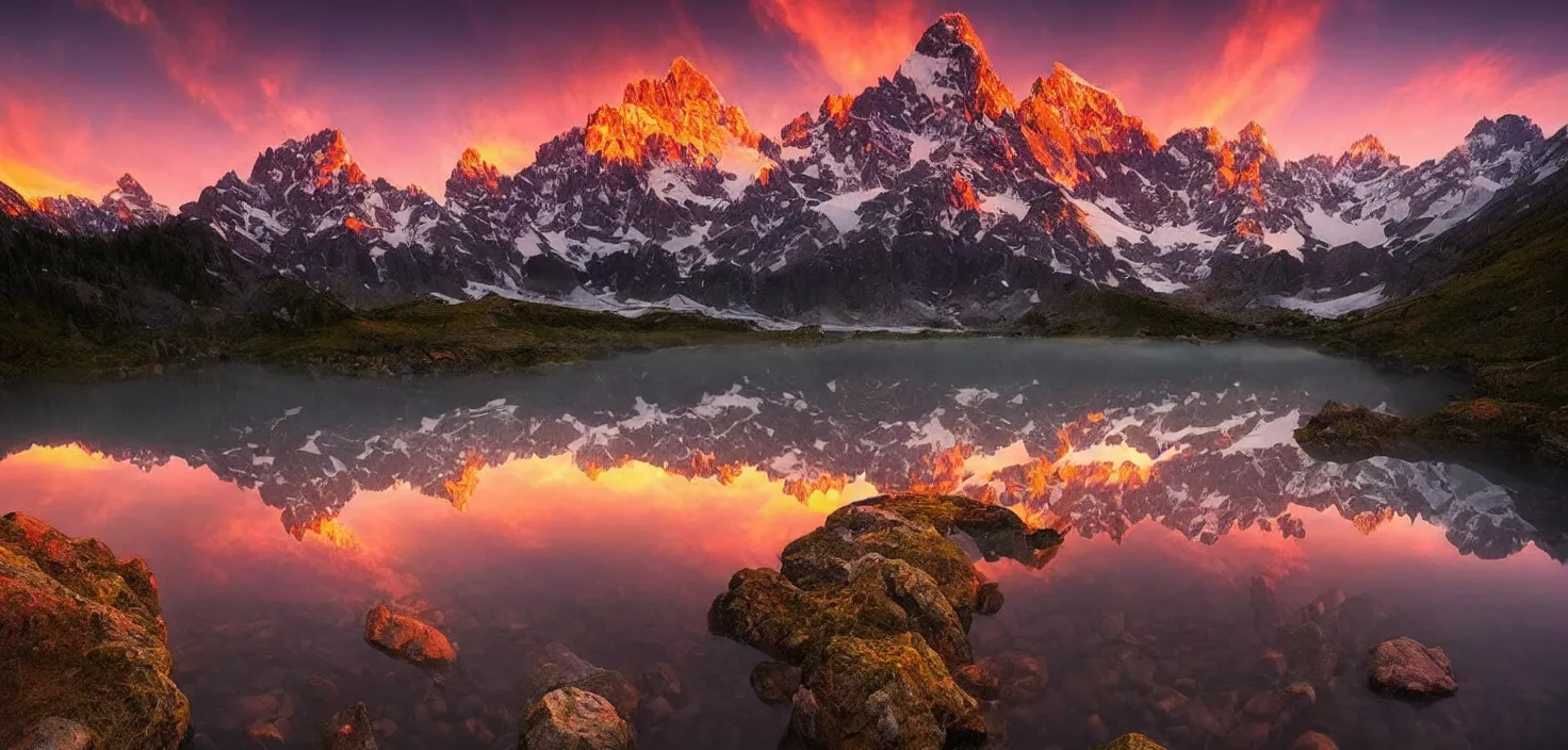 Image similar to amazing landscape photo of mountains with lake in sunset by marc adamus, beautiful dramatic lighting