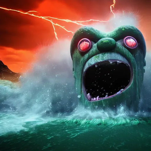 Prompt: the pain is splattered on the sad monster's green face while huge waves crash against him, water sprays into the air, moody sky, lightning, hints of red and yellow, fantasy, unreal engine