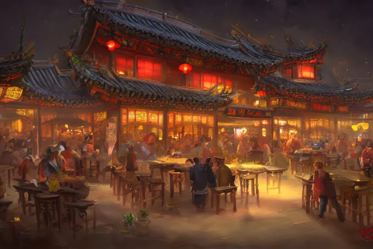 Prompt: fantasy art of a bustling tavern in china, at night, by tyler edlin, highly detailed digital art, trending on artstation