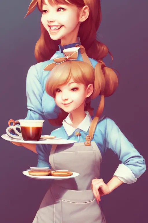 Image similar to a cute cafe waitress holding a coffee tray | | cute - fine - face, smiling, pretty face, fine details by stanley artgerm lau, wlop, rossdraws, james jean, andrei riabovitchev, marc simonetti, and sakimichan, trending on artstation