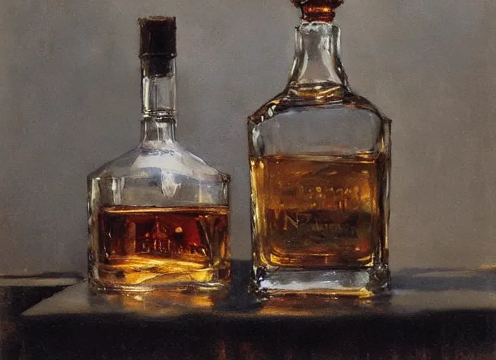 Image similar to oil painting of whiskey bottle, art by anders zorn, wonderful masterpiece by greg rutkowski, beautiful cinematic light, american romanticism by greg manchess