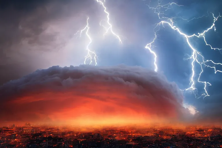 Image similar to a photo of a cloud made of fire and lightning looming over a dystopian city, photorealistic, 8 k