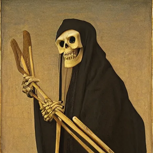 Prompt: portrait of a veiled skeleton grim reaper holding a scythe at dusk, by Jan van Eyck