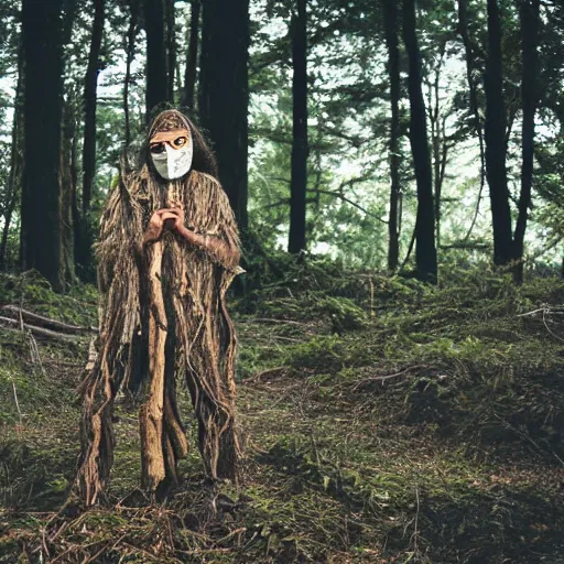Image similar to portrait of a forest hermit wearing a driftwood mask in an ominous forest, photography