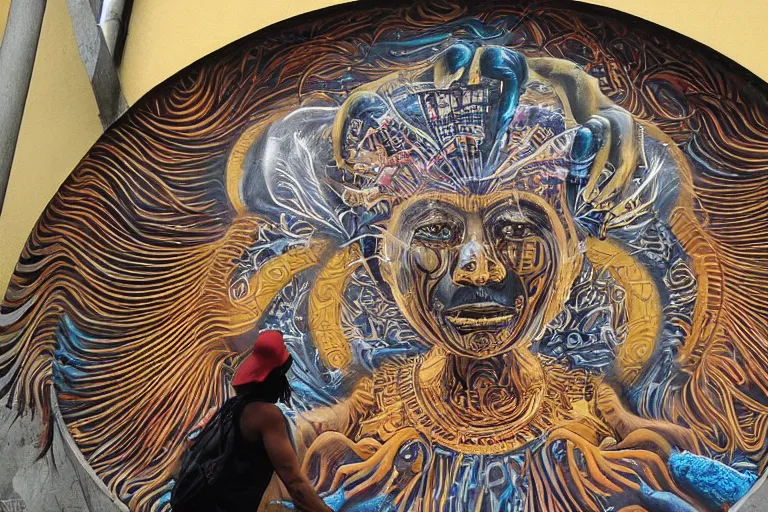 Prompt: gold disc embossed with the image of a human figure that represents a shamanic practitioner in the throes of spiritual ecstasy, street art, mural art, magnificent, figurative, mystical, colossal, singapur, by siudmak, by kim whanki, by joshua middleton