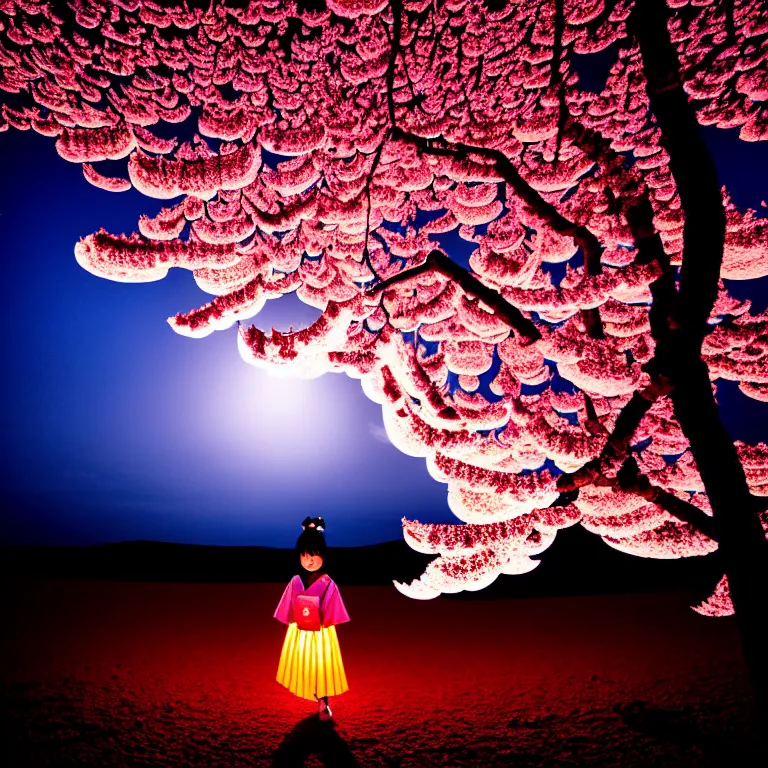 Prompt: a dramatic colorful fujifilm photograph of the silhouette of a young japanese girl standing on the surface of the moon. There are paper lanterns and a blossoming ornamental cherry tree.