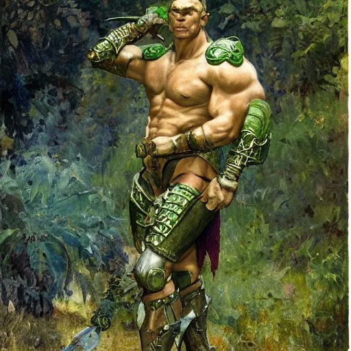 Image similar to medieval, attractive muscular male half elf half orc character design, armor, green skin, painting by gaston bussiere, craig mullins, j. c. leyendecker, tom of finland