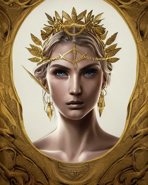 Image similar to tattoo design sketch of cute beautiful blonde super model as aphrodite greek goddess wearing a gold laurel wreath and triangle earrings, beautiful piercing gaze with sharp pupils, in the style of greg rutkowski, fantasy, amazing detail, epic, elegant, smooth, sharp focus, front view