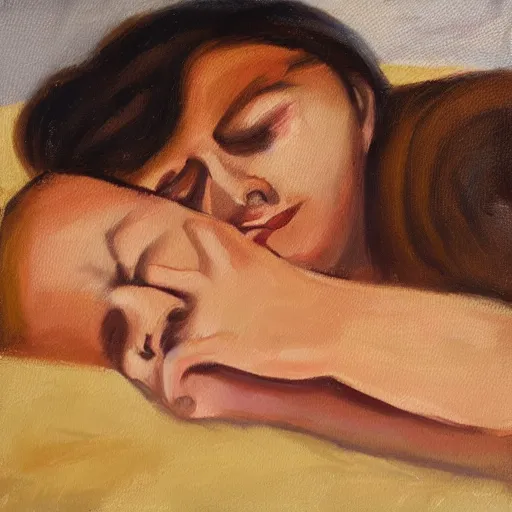 Image similar to lady with brown hair can't sleep because husband in is snoring in bed, expressive oil painting