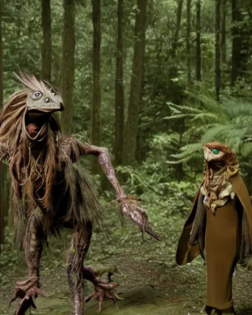 Image similar to two skeksis from the movie the dark crystal are discussing a plan in a forest