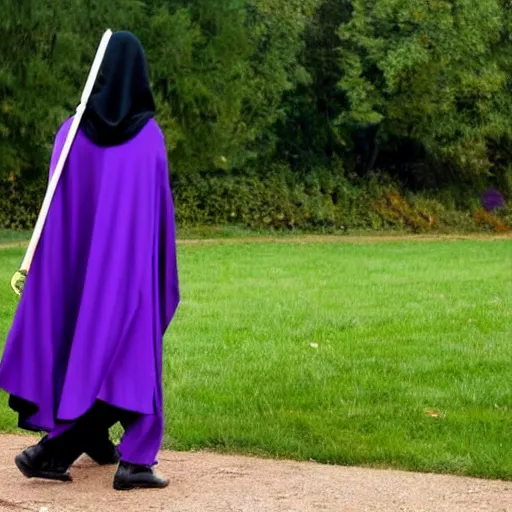 Image similar to grim reaper, purple cloak, full body, scythe