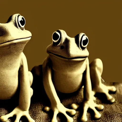 Prompt: frogs wearing old timey clothes, vintage family photo of a frogs wearing old timey clothes, sepia, frog picture