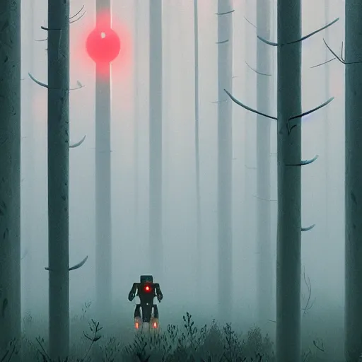 Image similar to simon stalenhag, bionicle, forest, foggy, horror