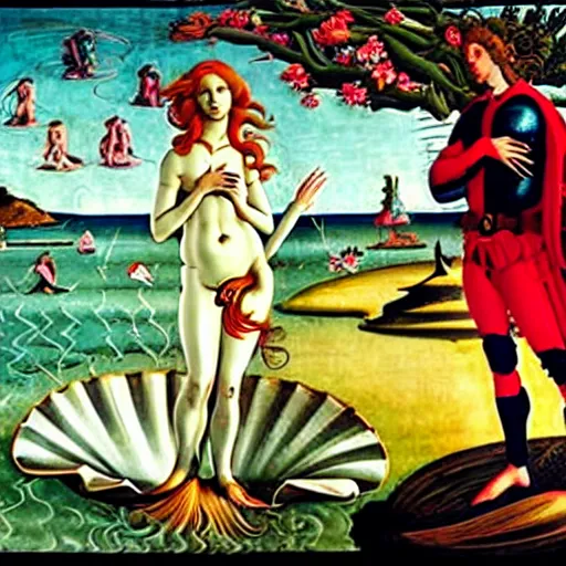 Prompt: the The Birth of Venus by Sandro Botticelli featuring Deadpool