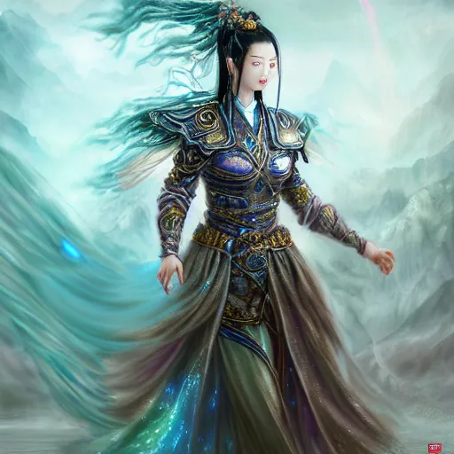 Image similar to beautiful ancient fantasy portrait of wuxia armor heroine, wearing Xian Xia wardrobe, in forbidden City, hybrid from Dynasty Warriror, flowers sea rainning everywhere, intricate, very very beautiful, elegant, highly detailed, digital painting, beautiful glowing galaxy eyes, human anatomy, hyperrealistic, soft light, dynamic, artbreeder, artstation, fantasy concept art, smooth, sharp focus, illustration, art by alphonse mucha and tian zi and WLOP