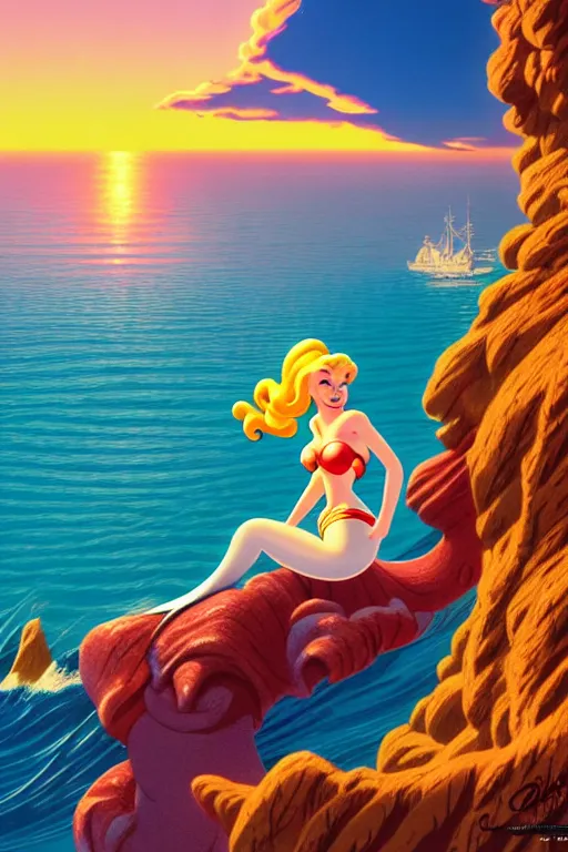 Image similar to mermaid, above the sea, sunny day, scenery wallpaper aesthetic, beautiful, cinematic, dramatic, super detailed and intricate, hyper realistic, 4 k render, by carl barks, by darwyn cooke, by kentaro miura, by koson ohara,