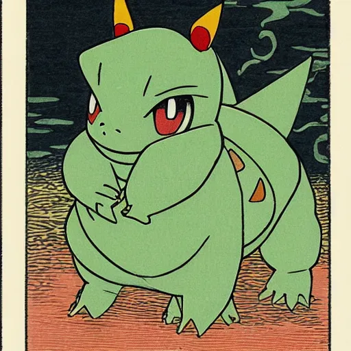 Prompt: pokemon card of bulbasaur, as originally printed by hokusai