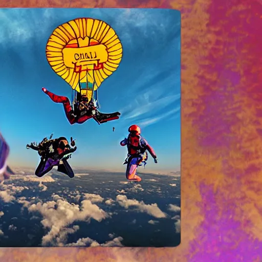 Prompt: someone skydiving to grab a Grateful Dead record, hyperreal, action movie