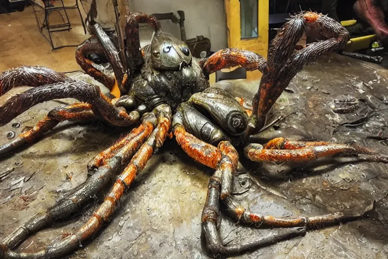 Image similar to photo taken of an epic intricate, ultra detailed, super realistic gritty, hero prop, exquisitely painted animatronic movie prop of a wet slimy grotesque nightmarish hellish mutant arachnoid creature displayed in the workshop, created by weta workshop, full body shot, photorealistic, sharp focus