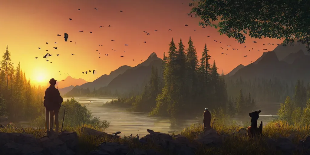 Prompt: A majestic landscape featuring a river, mountains and a forest. A group of birds is flying in the sky. There is an old man with a dog standing next to him. The man is wearing a backpack. They are both staring at the sunset. Cinematic, very beautiful, painting in the style of firewatch