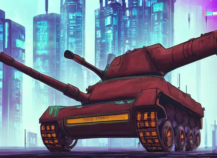 Prompt: A tank in a cyberpunk city, detailed, warm colours