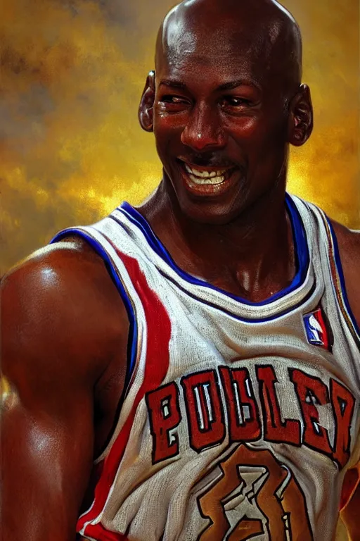 Prompt: michael jordan warrior, detailed, 8 k, trending on artstation, smooth, sharp focus artwork by, mark keathley, greg rutkowski and alphonse mucha