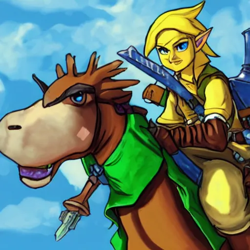 Image similar to legend of zelda link riding an amoured chocobo