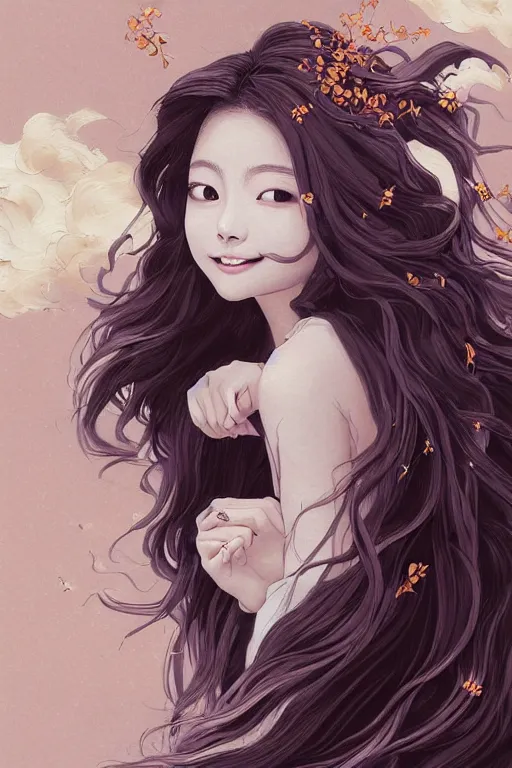 Prompt: beautiful young heroine like twice tzuyu+laughing+happy+smoky eyes+front face with light flowing hair smiling, great wave of hokusai, oil painting, portrait, acryllic spill, intricate complexity, rule of thirds, in the style of Kazuki Tanahashi, Genzoman, face by Artgerm and WLOP, fantasy character concept, Artgerm, watermark, blurry,cropped, 8k