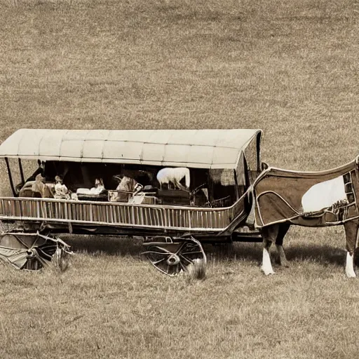 Image similar to a birds - eye view sepia photograph of a delorean made into a covered wagon, traveling in a line with covered wagons and cattle