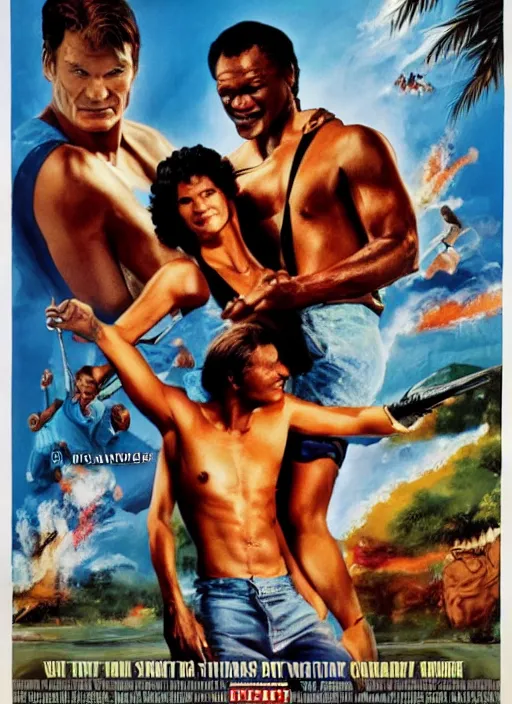 Image similar to Patrick Swayze, Ghanaian movie poster, romantic comedy, waterslide, Ninjas, highly detailed, HD, realism