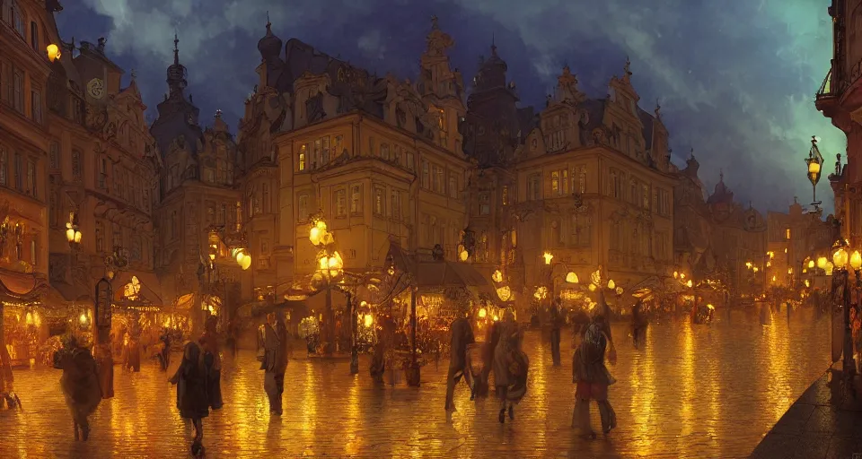 Image similar to prague art nouveau town during the lantern festival, volumetric lighting, glowing lights, 4 k, octane, digital painting, artstation, concept art, sharp focus, illustration, by john williams waterhouse, thomas kincade, donato giancola, and alphonse mucha