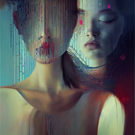 Image similar to 3 d, fashion models looks into the frame, intricate oil painting, high detail, figurative art, multiple exposure, poster art, 3 d, by tooth wu and wlop and beeple