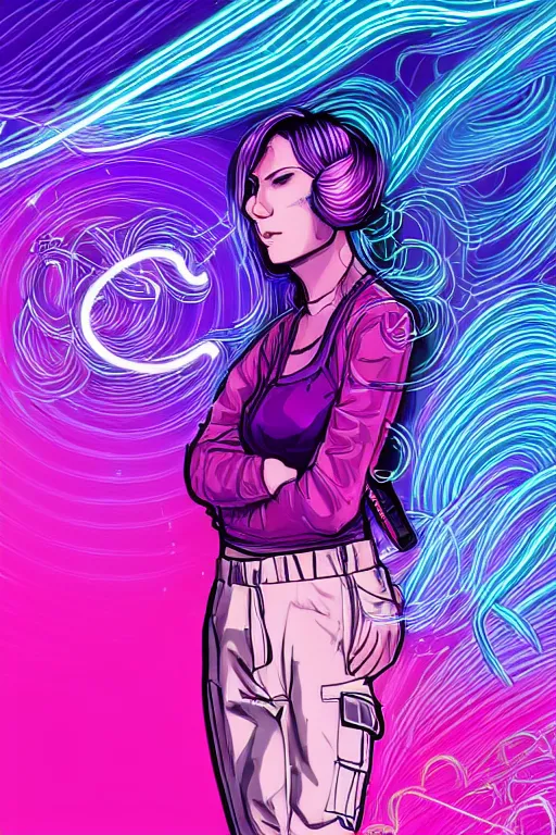 Image similar to a award winning half body portrait of a beautiful woman in a croptop and cargo pants with ombre purple pink teal hairstyle and hands in pockets by ari liloan, surrounded by whirling illuminated lines, outrun, vaporware, shaded flat illustration, digital art, trending on artstation, highly detailed, fine detail, intricate