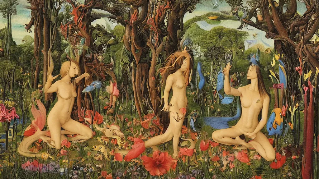 Image similar to a photograph of a meditating centaur shaman and a harpy mermaid mutating into beautiful mammals. surrounded by bulbous flowers and a few trees and animals. river delta with mountains under a blue sky full of burning stars and birds. painted by jan van eyck, max ernst, ernst haeckel, ernst fuchs and artgerm. trending on artstation