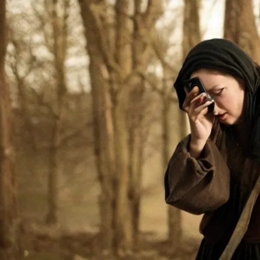 Prompt: scene from a 2 0 1 0 film set in 1 3 0 0 showing a woman using a mobile phone