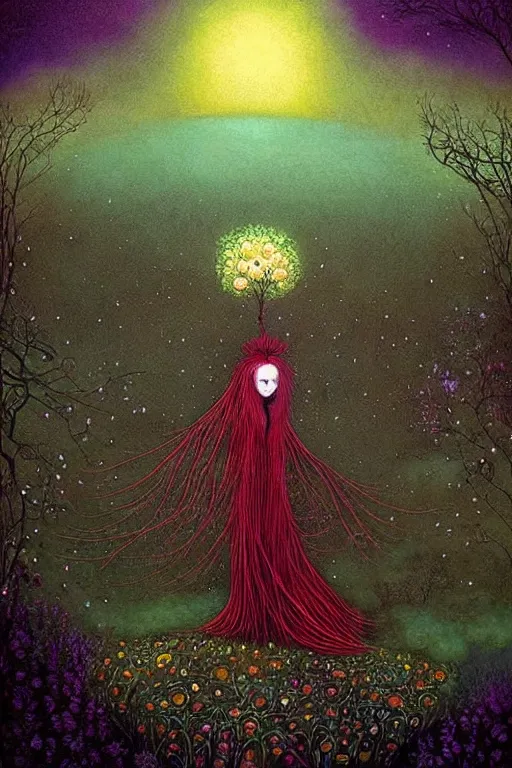 Image similar to surreal neil gaiman's Death, nostalgia for a fairytale, magic realism, flowerpunk, mysterious, vivid colors, by andy kehoe, amanda clarke