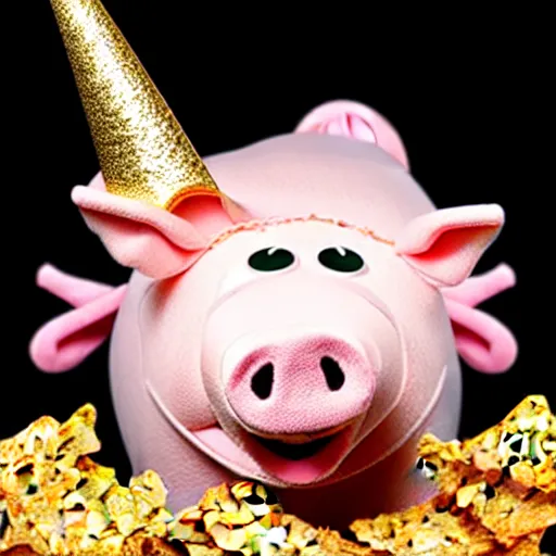 Image similar to studio photograph of a happy pig flying with wings with a unicorn horn depicted as a muppet wearing a gold crown eating pork rind snacks