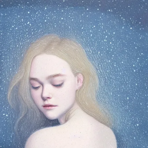 Image similar to Painting of Elle Fanning sleeping in a puddle, long blonde hair, delicate, pale milky white porcelain skin, by Quint Buchholz. 8K. Extremely detailed.