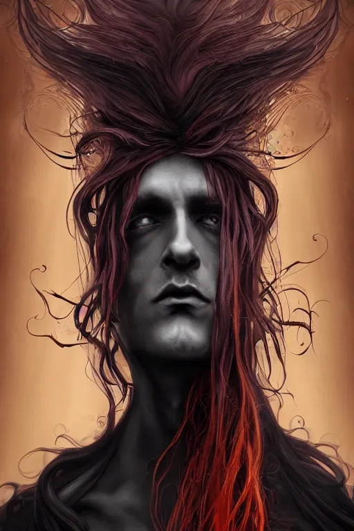Prompt: bust of a prince of darkness , long hairs, gradient black red, dreamy and ethereal, orange eyes, golden ratio, vicious expression, ornate frilly suit,cloudy ghostly aspect, beautiful, dark fantasy, intricate, elegant, rainbow bubbles, highly detailed, digital painting, artstation, concept art, smooth,b sharp focus, illustration, black background art by artgerm and greg rutkowski and alphonse mucha