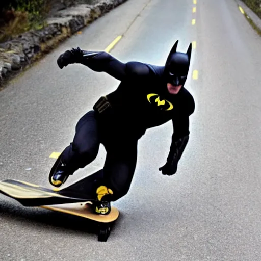 Image similar to batman riding downhill longboard, sliding, photo