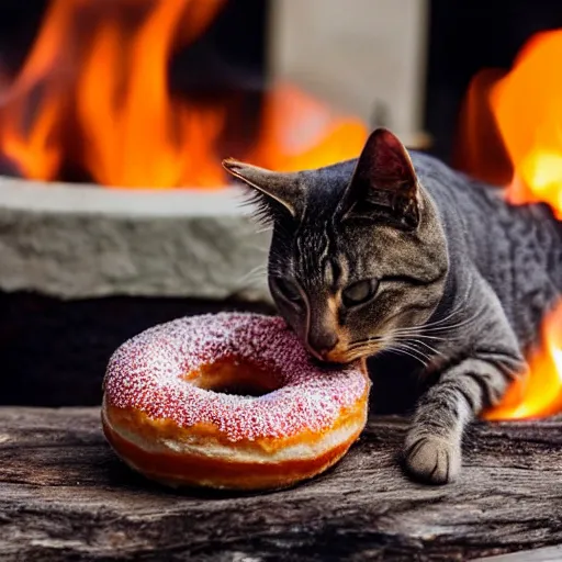 Image similar to a cat cooking a donut in a fire pit