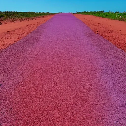 Prompt: purple road on a red sand beach