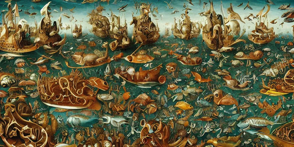 Image similar to thriving marine life in the style of heironymus bosch, beautiful intricate masterpiece, hyper detailed, hd