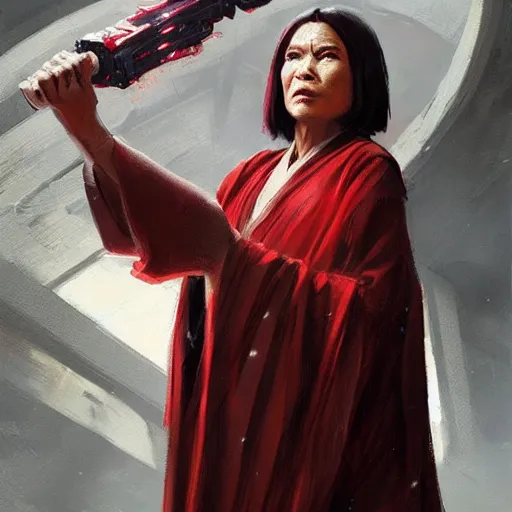 Image similar to portrait of a woman by greg rutkowski, jedi queen, half asian, black bob hair, star wars expanded universe, she is about 5 0 years old, wearing jedi red robes.