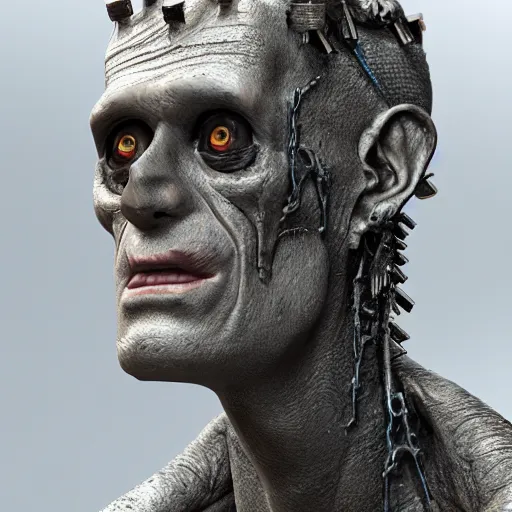 Image similar to a frankenstein monster made out of machine parts, 8 k, shallow depth of field, 8 k, ultra high detail, concept art, w 1 0 2 4