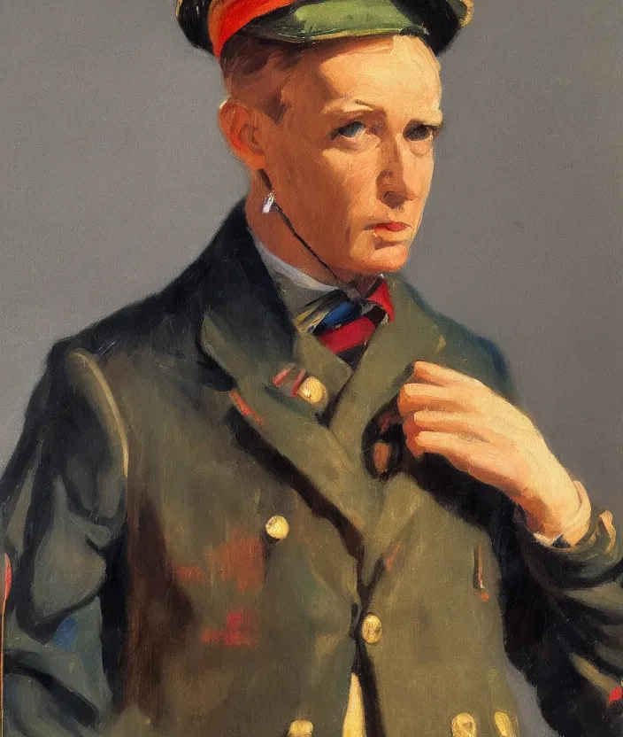 Image similar to a very detailed portrait of a man, wearing a colorful military jacket, frontal view, in the style of edward hopper and oswald hornby joseph birley, very small brushstrokes, 4 k,