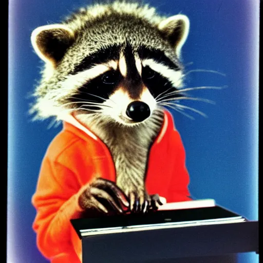 Image similar to medium - shot, low - angle, photo of a anthropomorphic raccoon wearing a bright hoodie, holding a vinyl record, 8 0 - s fashion, colored, polaroid photo, by warhol,